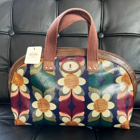 Fossil White Blue Orange Flower Purple Tote Bag Leather Trim 💜 - Picture 10 of 10